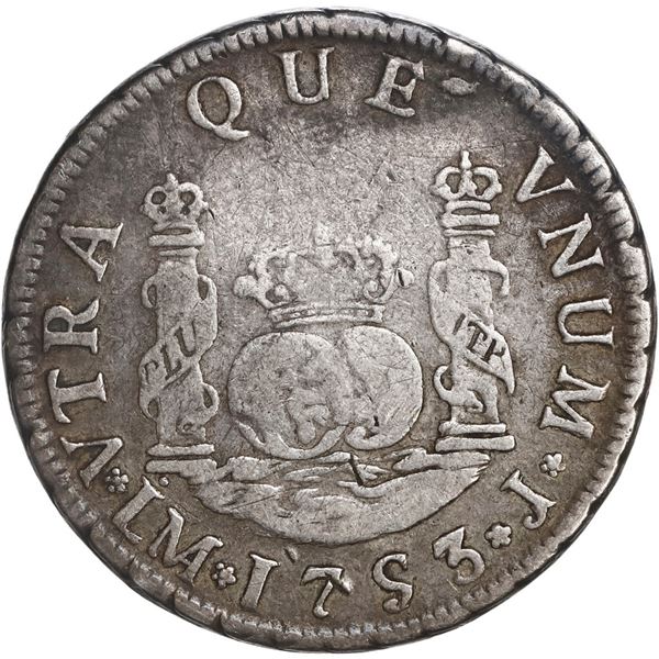PERU, Lima, pillar 2 reales, Ferdinand VI, 1753 J, mintmark dotted, ex-O'Brien.