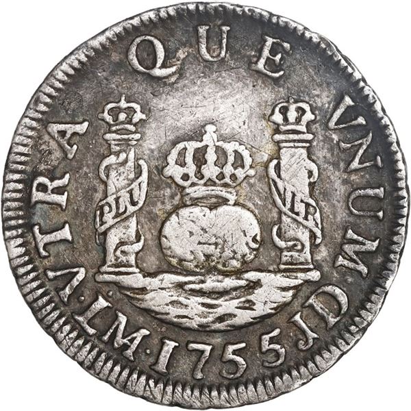 PERU, Lima, pillar 1 real, Ferdinand VI, 1755 JD, ex-O'Brien.