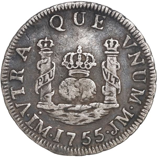 PERU, Lima, pillar 1 real, Ferdinand VI, 1755 JM, mintmark dotted, ex-O'Brien.