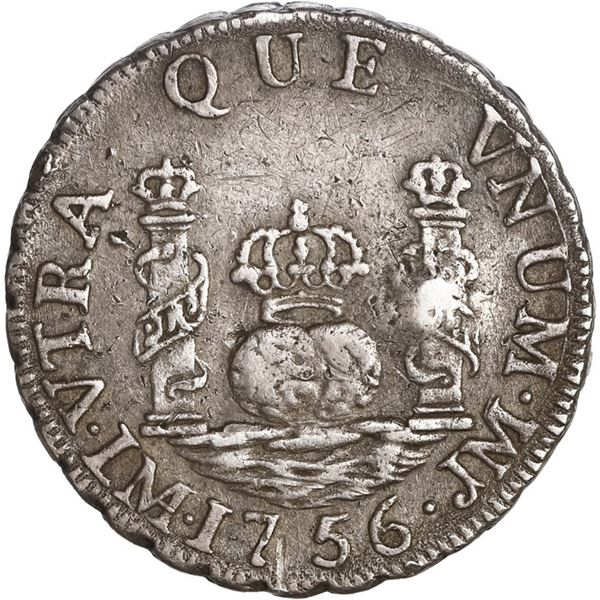PERU, Lima, pillar 1 real, Ferdinand VI, 1756 JM, mintmark not dotted, ex-O'Brien.