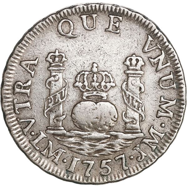 PERU, Lima, pillar 1 real, Ferdinand VI, 1757 JM, ex-O'Brien.