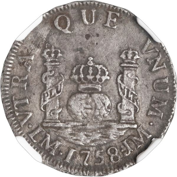 PERU, Lima, pillar 1 real, Ferdinand VI, 1758 JM, NGC XF 45, finest and only example in NGC census, 
