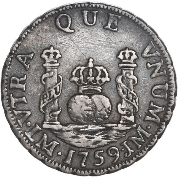 PERU, Lima, pillar 1 real, Ferdinand VI, 1759 JM, mintmark not dotted, ex-O'Brien.