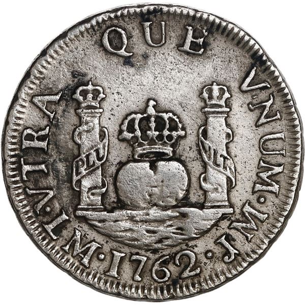 PERU, Lima, pillar 1 real, Charles III, 1762 JM, mintmark with MA ligature, rare, ex-O'Brien.
