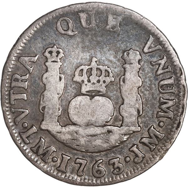 PERU, Lima, pillar 1 real, Charles III, 1763 JM, broken H in HISP, very rare, ex-O'Brien.