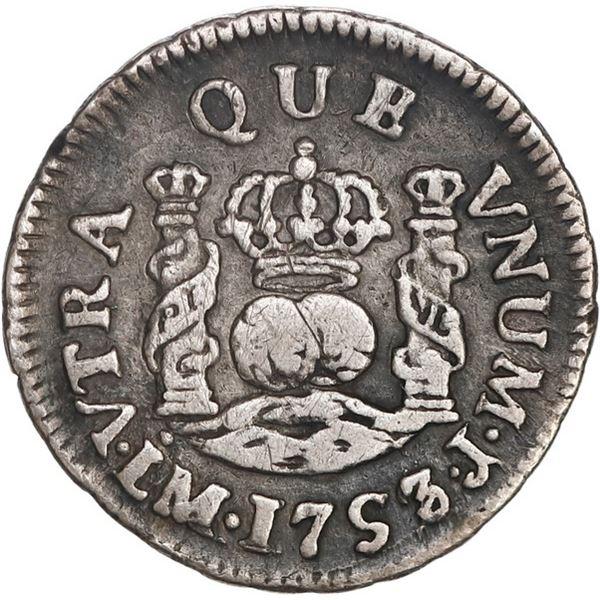 PERU, Lima, pillar ½ real, Ferdinand VI, 1753/2 J, ex-O'Brien.