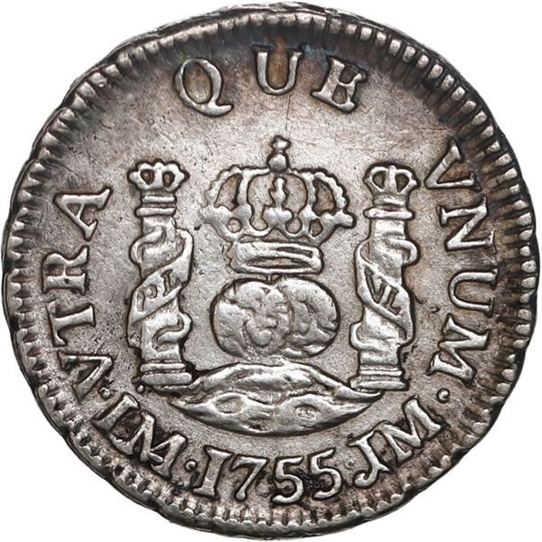 PERU, Lima, pillar ½ real, Ferdinand VI, 1755 JM, dotted mintmark, rare, ex-O'Brien.