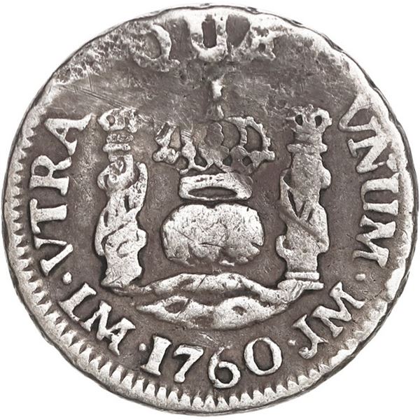 PERU, Lima, pillar ½ real, Ferdinand VI, 1760 JM, very rare, ex-O'Brien.