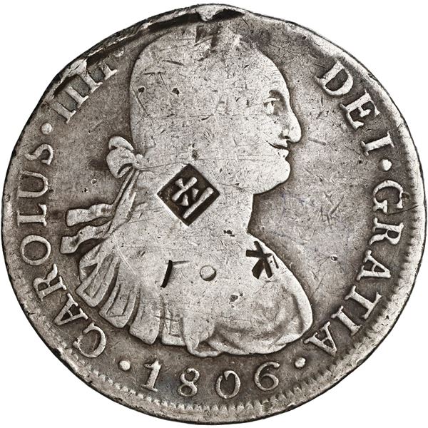 PERU, Lima, bust 8 reales, Charles IV, 1806 JP, with distinctive Asian chopmarks, ex-Brameld.