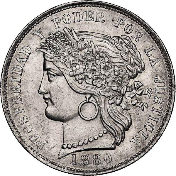 PERU, Lima, 5 pesetas, 1880 BF, no dot after B, NGC AU 58.