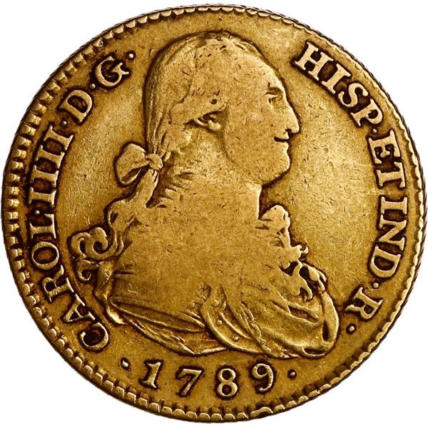 SPAIN, Madrid, gold bust 2 escudos, Charles IV, 1789 MF.