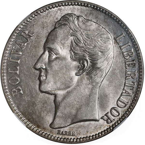 VENEZUELA, struck at the Philadelphia Mint, 5 bolívares, 1929, NGC AU 58.