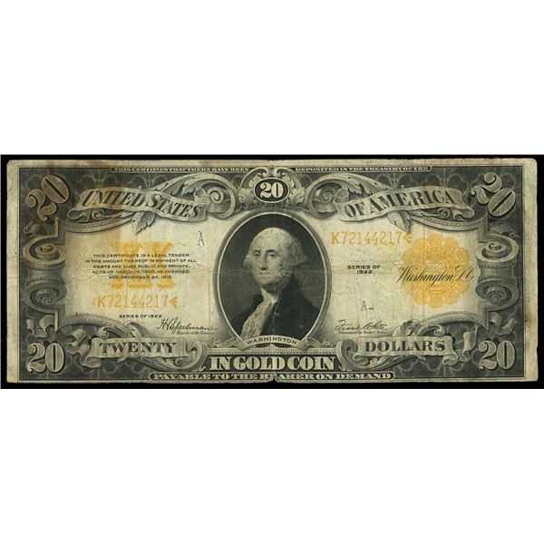 UNITED STATES, $20 Gold Certificate, series of 1922, serial K72144217, Speelman-White.