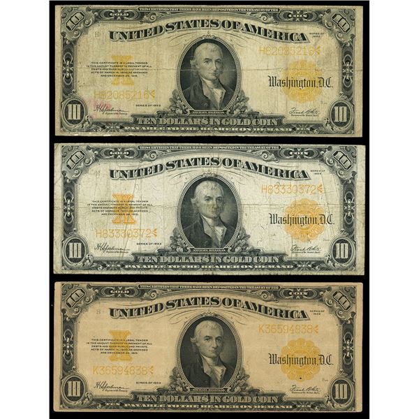 UNITED STATES, lot of three $10 Gold Certificates, series of 1922, Speelman-White.