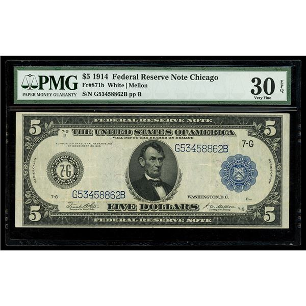 UNITED STATES, $5 Federal Reserve Note, series of 1914, serial G53458862B, White-Mellon, PMG VF 30 E
