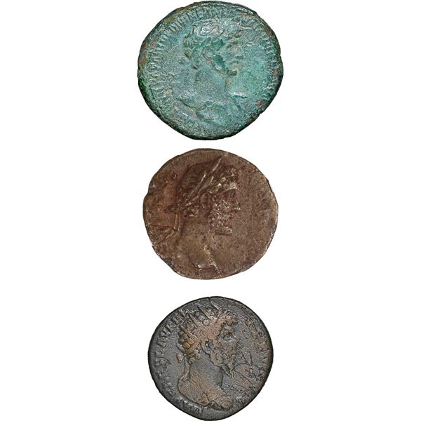 ANCIENT ROMAN, Roman Empire, lot of three AE coins, Hadrian, Antoninus Pius, and Lucius Verus, 117-1