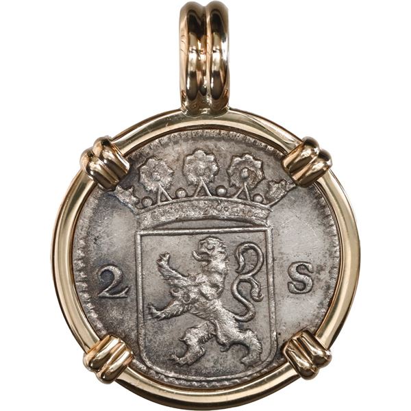 NETHERLANDS (United), Holland, 2 stuivers, 1724, ex-Akerendam (1725), mounted in 14K gold pendant.
