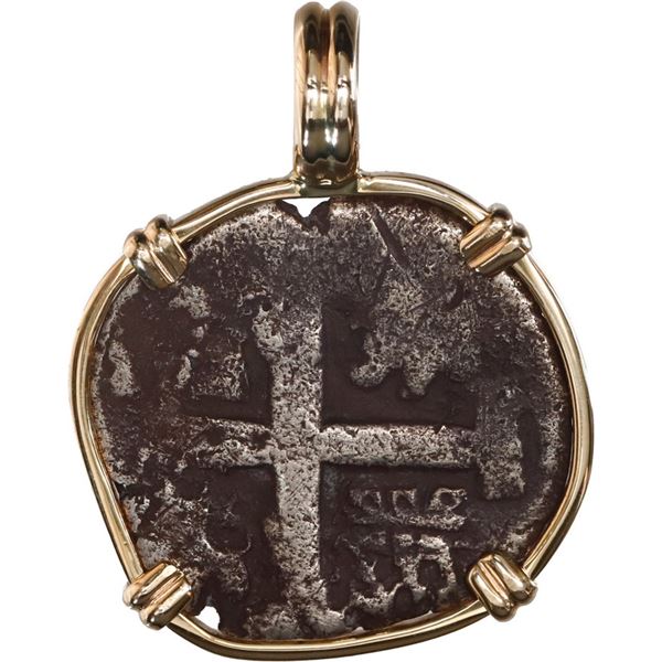 PERU, Lima, cob 1 real, 1750 R, rare, mounted cross-side out in 14K gold pendant with fixed bail.