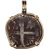 Image 1 : PERU, Lima, cob 1 real, 1750 R, rare, mounted cross-side out in 14K gold pendant with fixed bail.