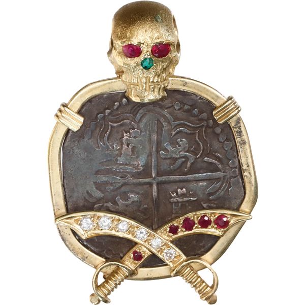BOLIVIA, Potosí, cob 2 reales, Philip III, assayer R (curved leg), mounted cross-side out in 18K gol