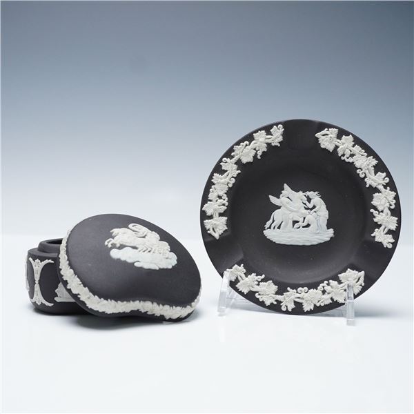 2pc Black and White Wedgwood Jasperware Dish and Ring Box