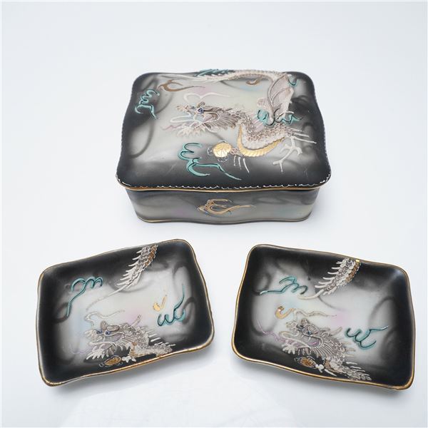 3pc Occupied Japan Moriage Dragonware Trinket Box and Dishes