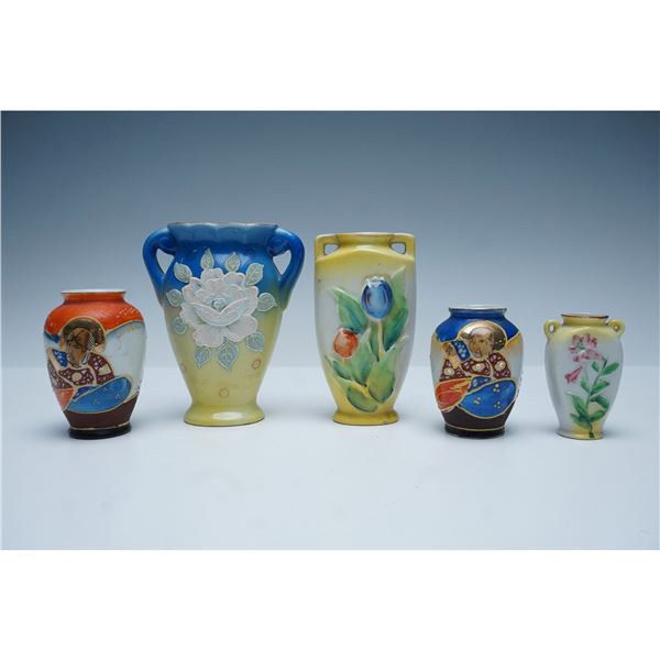 5pc Occupied Japan and Japan Hand-Painted Porcelain Vases Collection