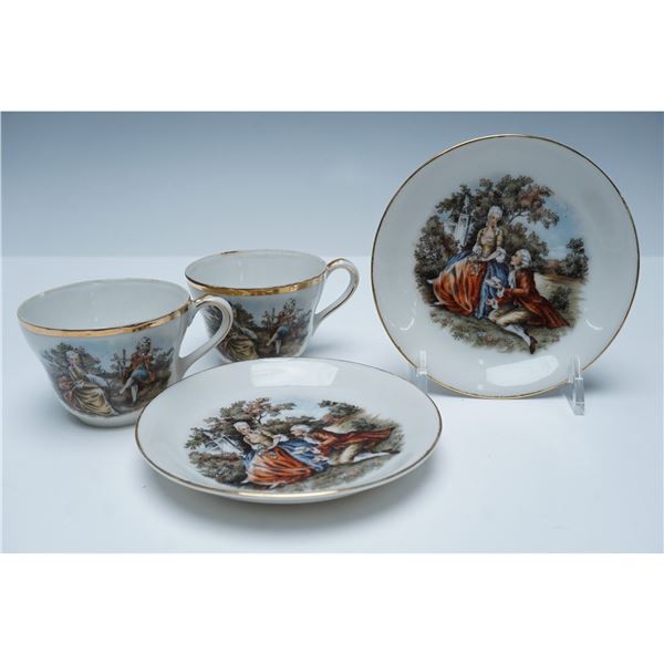 Pair of Occupied Japan Porcelain Cups and Saucers, Rococo Scene