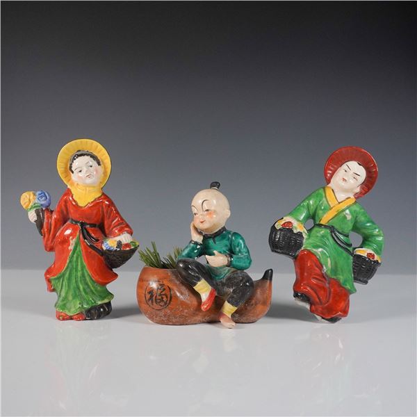 3pc Occupied Japan Porcelain Figurine and Wall Decor, Asian Motifs