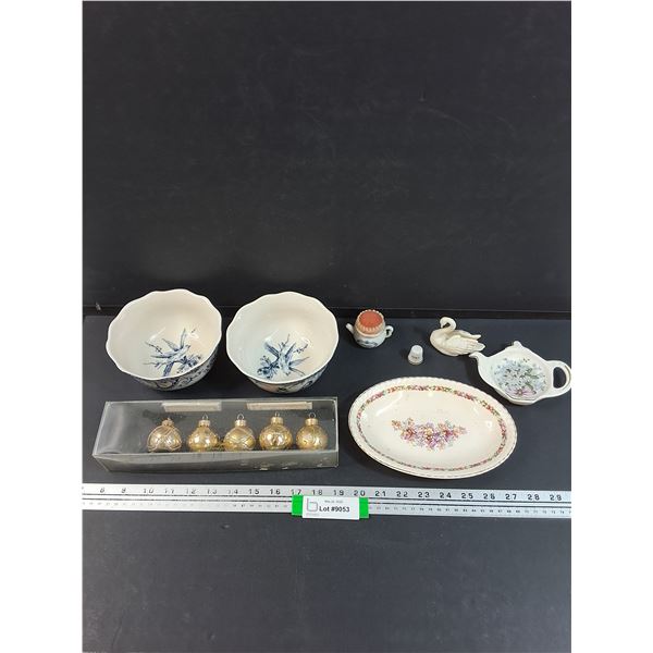 Lot: (2) Filigree Bird Bowls, Floral Serving Plate, Mother Pin Cushion, Christmas Ornaments, Misc