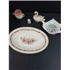 Image 2 : Lot: (2) Filigree Bird Bowls, Floral Serving Plate, Mother Pin Cushion, Christmas Ornaments, Misc