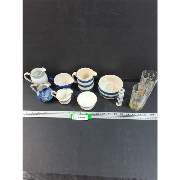 (4) Creamers, (2) Sugar Bowls, (2) Scenic Glasses, Misc