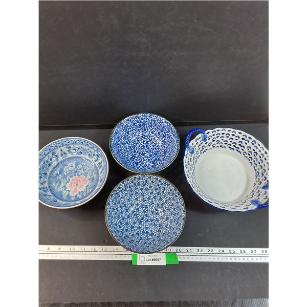 Basketweave Ceramic Bowl & (3) Made in Japan Decorative Serving Bowls