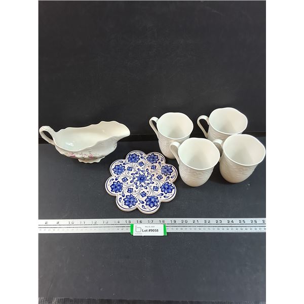 Ceramic Trivet, Porcelain Gravy Boat, (4) White Floral Coffee Mugs