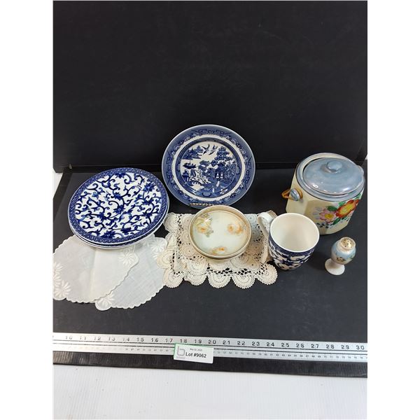 Kitchen Canister,Plate Holder w/Plate, (3) Dollies, Salt Shaker, (3) Dessert Plates,(3) Dessert Bowl