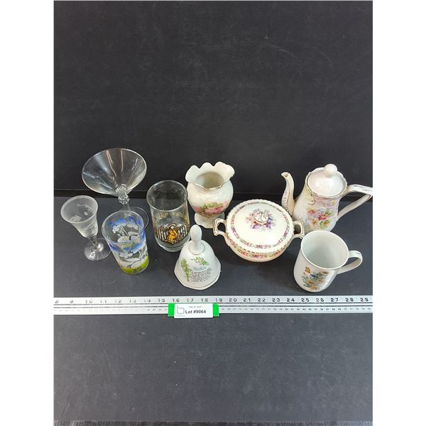 Holly Hobby Glass, Mother Themed Bell and Mug, Teapot, Sugar Bowl w/lid, Martini Glass, Misc