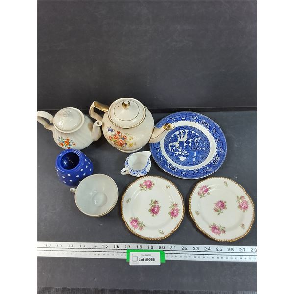 (2) Teapots, (2) Dessert Plates, Creamer, Mug, Misc