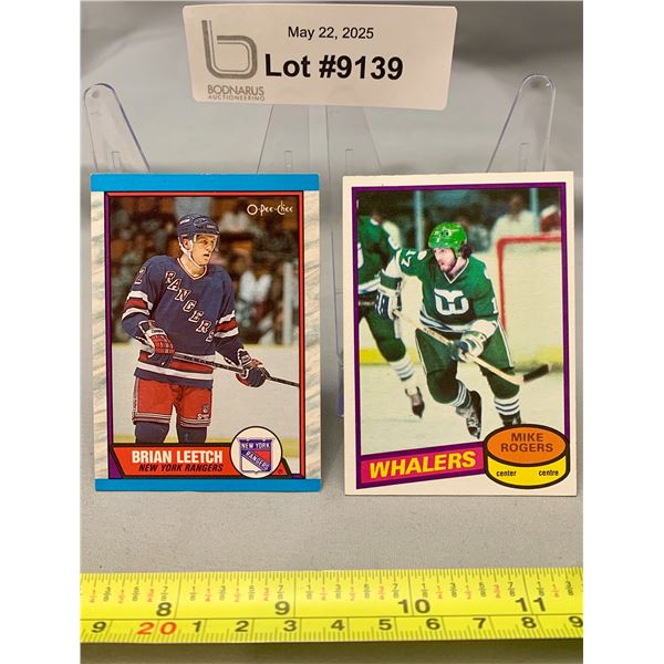 (2) OPC Hockey Cards 1988 Brian Leetch Rookie Card & 1980 Mike Rogers Goal Card