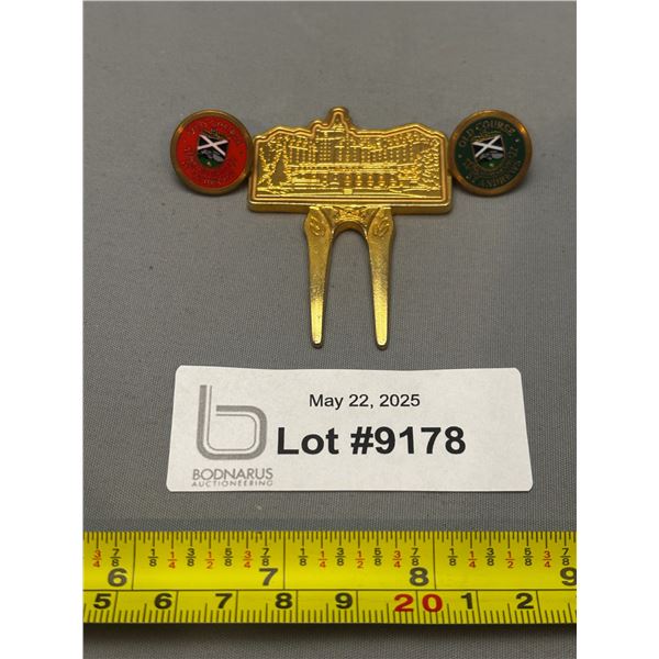 Vintage Brass pair of Saint Andrews old Course Scotland Ball Markers & Divot Repair Tool