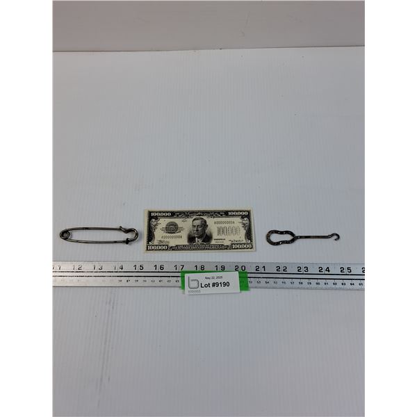 Shoe Button Hook, Large Safety Pin and Laminated Replica Bill