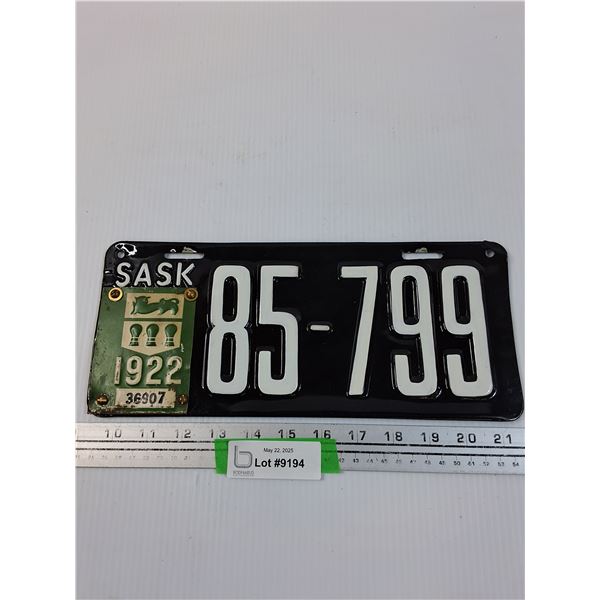 Saskatchewan License Plate 1922