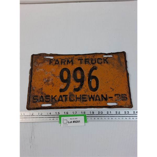 Saskatchewan Farm Truck License Plate 1936