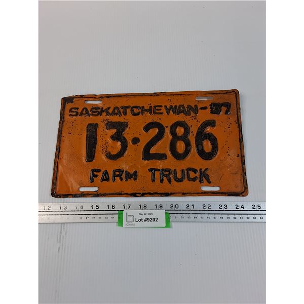 Saskatchewan Farm Truck License Plate 1937 - Repainted