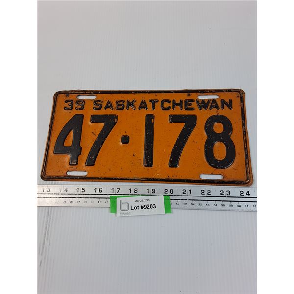 Saskatchewan Licence Plate 1939