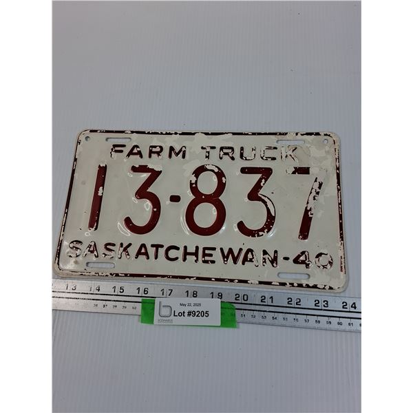 Saskatchewan Farm Truck License Plate 1940 - Some wear