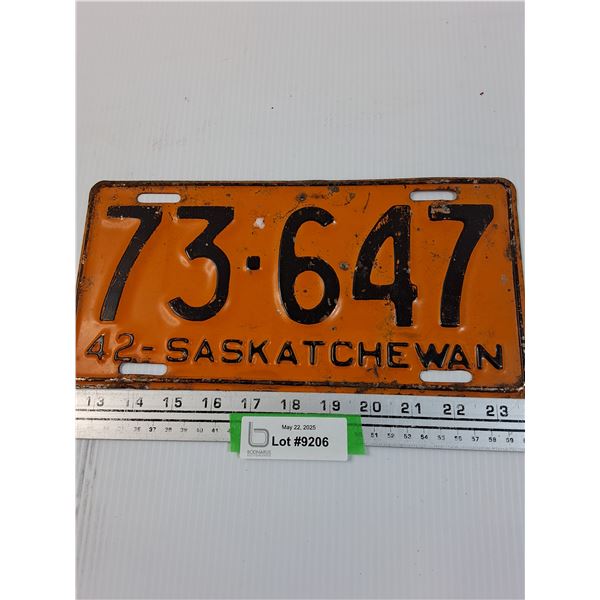 Saskatchewan License Plate 1942
