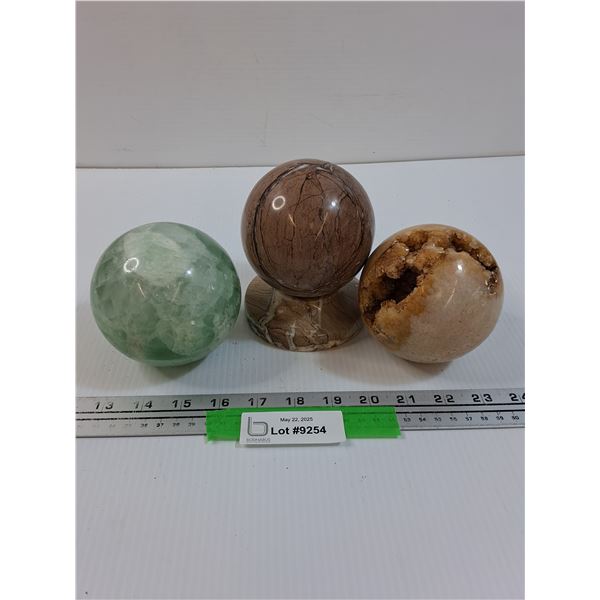 (3) Round Polished Rocks & One Stand - Assorted