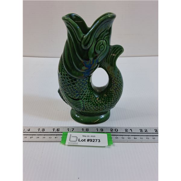 Vintage Chalkware Green High Gloss Fish Vase - Made in England - 7" x 5" x 3"