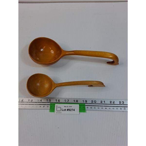 (2) Wooden Carved Ladle Spoon w/Stand Handle - 8.5" - One is Doukhobor Style