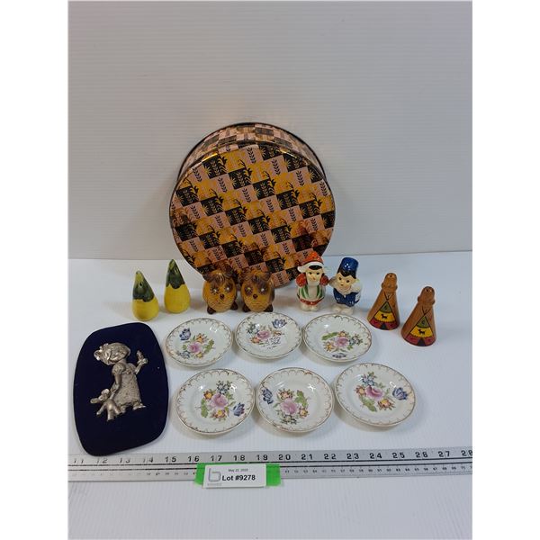 (4) Vintage Assorted Salt & Pepper Shakers, (6) Porcelain Plates, Collectors Tin, Pewter Art